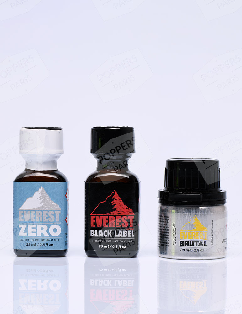 3 flacons poppers Everest Aromas - Everest Zero, Everest Black Label & Everest Brutal